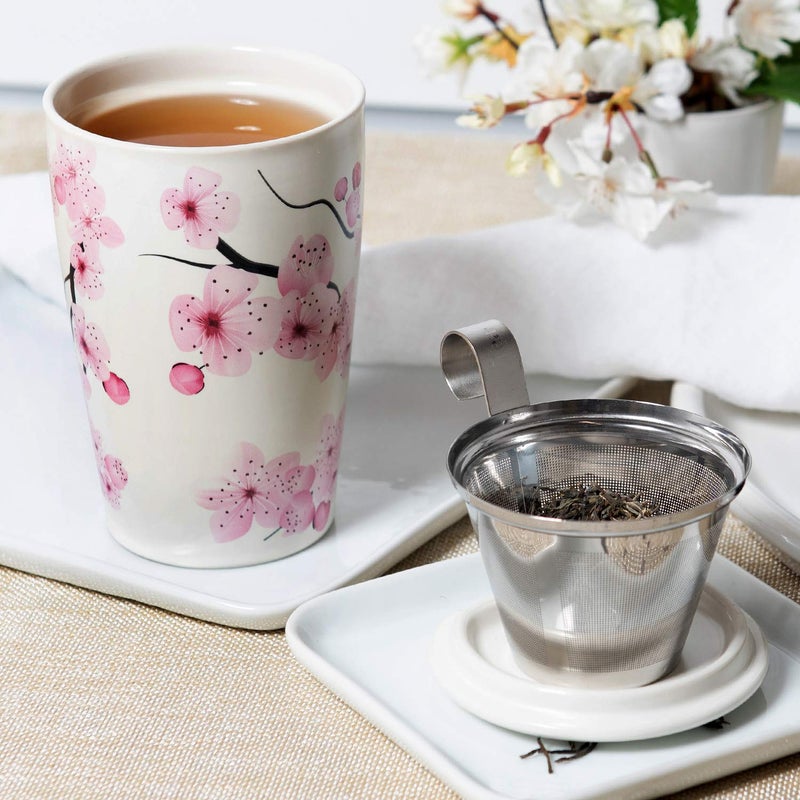 Tea Forte Double-Walled Ceramic Kati Cup, Removable Stainless Steel Infuser Basket and Lid, Steeps 12 oz Loose Leaf Tea, Dishwasher & Microwave Safe, Hanami - Image 5